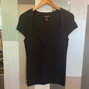 WHBM Women's Black Ribbed Short Sleeve Top, Bondage Style